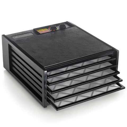Five Tray Electric Food Dehydrator Featuring Adjustable Thermostat And 26 Hour Timer With Reliable Auto Shut Off, black with mesh trays.