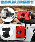 Upgraded RX LOX PM Gas Can Pack Mount with locking feature attached to Jeep, showcasing secure fuel pack mount for Rotopax.