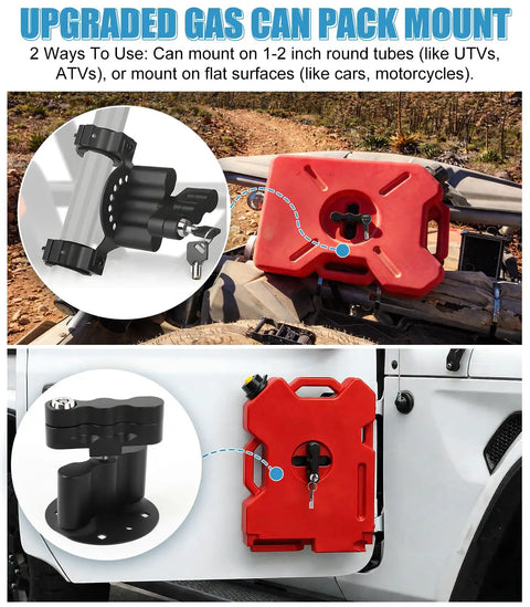 Upgraded RX LOX PM Gas Can Pack Mount with locking feature attached to Jeep, showcasing secure fuel pack mount for Rotopax.