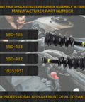 Two Piece Front Struts Assembly With Magnetic Electronic Suspension For 2007 To 2014 Cadillac Escalade Suburban Tahoe GMC Yukon XL Sierra 1500 Replace 580435 with comparison numbers over a car engine background.