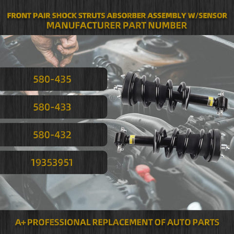 Two Piece Front Struts Assembly With Magnetic Electronic Suspension For 2007 To 2014 Cadillac Escalade Suburban Tahoe GMC Yukon XL Sierra 1500 Replace 580435 with comparison numbers over a car engine background.