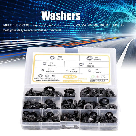 680 Piece Carbon Steel Locking Washers Assortment Kit Hella Rugged Shakeproof Internal Tooth Design For Rock Solid Fastening And Weekend Warrior Projects Includes M3 M4 M5 M6 M8 M10 M12 Metric Sizes in clear organizer box