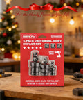 Front view of Flexible Universal Joint Socket Swivel Set Three Piece One Half Inch One Quarter Inch Three Eighth Inch Premium CR MO Steel Wobble Adapters With Black Coating for heavy-duty tasks on a workshop table.
