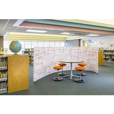 Library scene with four Twixt Active Movement Seating Chair With Ergonomic Support Desk Height Adjustable Comfy Orange Mesh Office Chairs around table