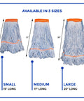 Top Shelf Commercial Loop End Wet Mop Head Refill 2 Pack 20 Inch Large Blue 4 Ply Synthetic Yarn displayed in three sizes.