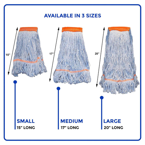 Top Shelf Commercial Loop End Wet Mop Head Refill 2 Pack 20 Inch Large Blue 4 Ply Synthetic Yarn displayed in three sizes.