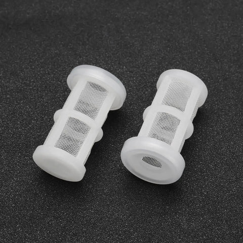 Close-up of two nylon paint sprayer filters from the Ten Piece Heavy Duty Nylon Paint Sprayer Filter Kit 50 Mesh Suction Feed Strainers.