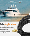 Two 16 Ft Outboard Hydraulic Steering Hose Kit HO5116 For SeaStar Teleflex Systems With Pre Attached Fittings next to yacht