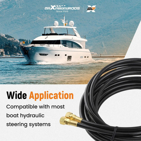 Two 16 Ft Outboard Hydraulic Steering Hose Kit HO5116 For SeaStar Teleflex Systems With Pre Attached Fittings next to yacht