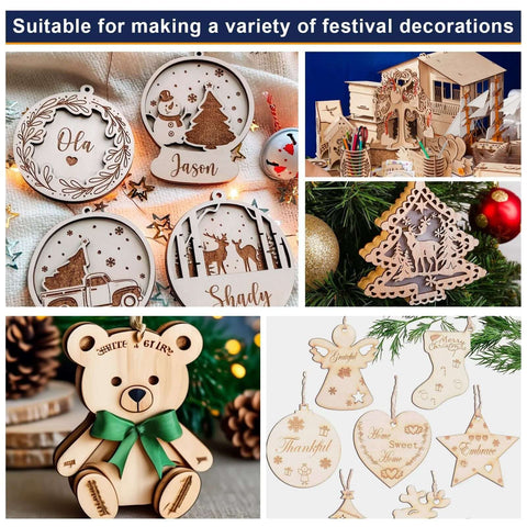 Basswood craft ornaments collage: unfinished wooden Christmas shapes including bear, tree, and angel