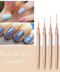 Gold Metallic Nail Art Pens And Liner Brush Set 5Pcs with nails decorated in colorful geometric lines using 5mm, 8mm, 12mm, 20mm, 25mm brushes.