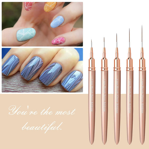 Gold Metallic Nail Art Pens And Liner Brush Set 5Pcs with nails decorated in colorful geometric lines using 5mm, 8mm, 12mm, 20mm, 25mm brushes.