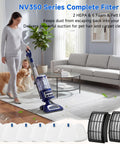 Woman vacuuming living room with Two Pack HEPA Filters Plus Six Foam And Felt Replacement Filters For Shark Navigator NV350 vacuum