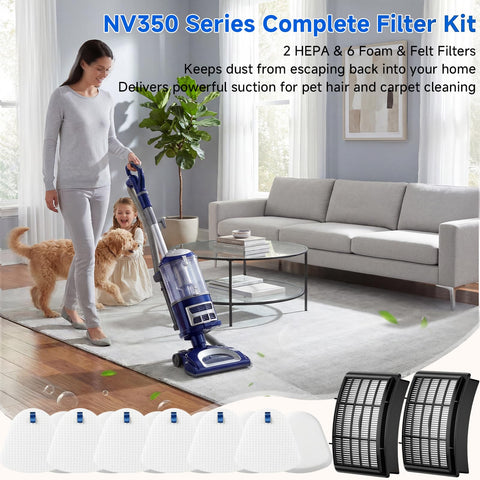 Woman vacuuming living room with Two Pack HEPA Filters Plus Six Foam And Felt Replacement Filters For Shark Navigator NV350 vacuum