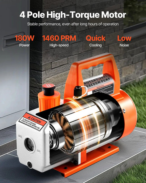 4 Pole High-Torque Motor of Rock Solid 3.5 CFM Vacuum Pump Single Stage Rotary Vane HVAC Tool with visible cooling fan and power indicator.