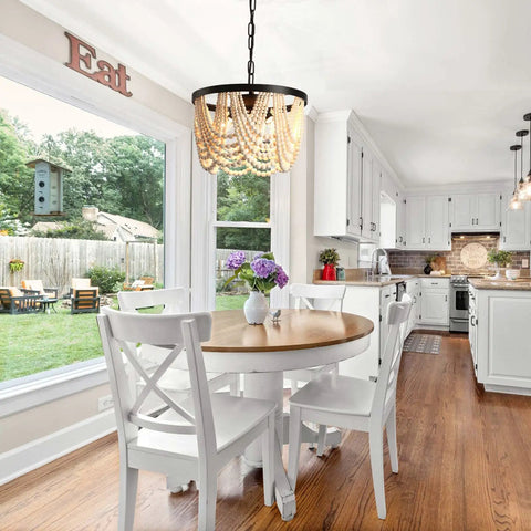 Farmhouse Boho Flush Mount Ceiling Light Three Light Wood Bead Chandelier Black Metal Hanging Pendant Lighting in dining area