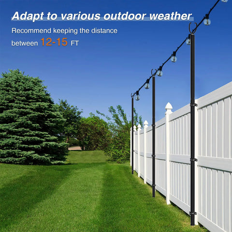 Adjustable 10 Foot Outdoor String Light Poles for Yard and Patio with Quick Assembly next to a white fence and green lawn