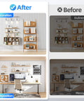Before and after comparison of home office decor, showcasing improved setup with shelves and desk organization.
