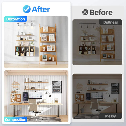 Before and after comparison of home office decor, showcasing improved setup with shelves and desk organization.