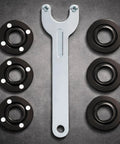 7 Piece Angle Grinder Nut And Wrench Kit With 5/8-11 Flange Nuts For 4.5 And 5 Inch Grinders showing wrench and nuts layout