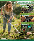 Person using 60 Inch Weeder With Long Handle Two In One Weed Puller And Rake Uproot Weeds In Your Yard Lawn Or Patio With Comfort Grip 11 Teeth Puller Head And 8 Teeth Rake Head For Easy Garden Maintenance