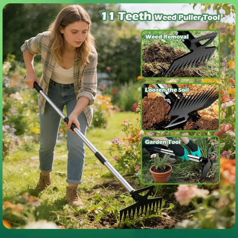 Person using 60 Inch Weeder With Long Handle Two In One Weed Puller And Rake Uproot Weeds In Your Yard Lawn Or Patio With Comfort Grip 11 Teeth Puller Head And 8 Teeth Rake Head For Easy Garden Maintenance