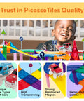 Child playing with 150 Piece Race Car Track Magnetic Tile Building Set for Kids with 4 Cars, bridges, and ramps in background.