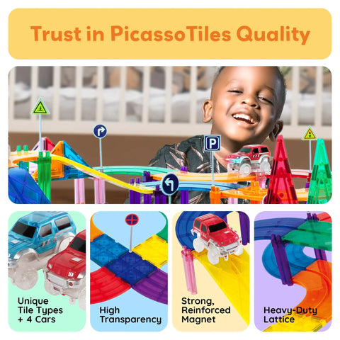 Child playing with 150 Piece Race Car Track Magnetic Tile Building Set for Kids with 4 Cars, bridges, and ramps in background.