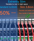 Comparison of standard and ultra slim Cat6a Ethernet patch cables in a network panel, illustrating size and flexibility benefits.