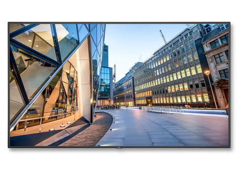 86 Inch 4K UHD Screen With Straight Fire HDR Clarity Built For Bold Digital Signage Displays And Modern Workspaces featuring a cityscape.