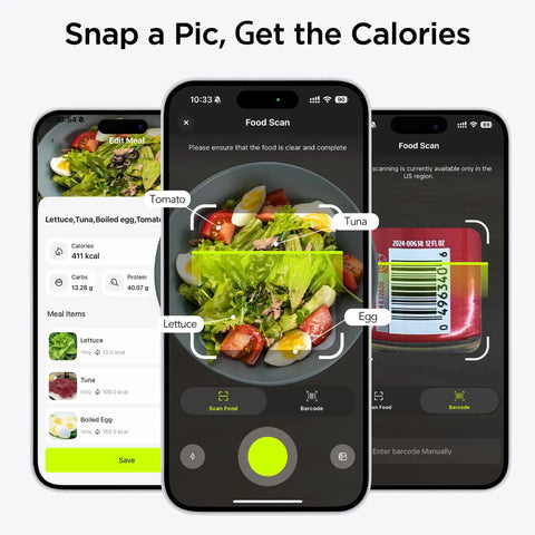 Smart Food Scale With Nutritional Calculator And AI Powered App For Calorie And Macro Tracking interface on smartphone