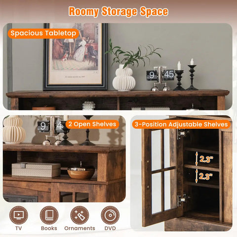 Roomy storage space of electric fireplace TV stand with 65 inch TV fit, shelves, and cabinets