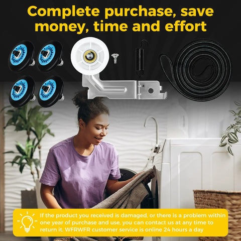 Upgraded Dryer Repair Kit With Roller, Idler Pulley And Belt For Samsung Dryers DV42H5000EW A3 components and person using dryer