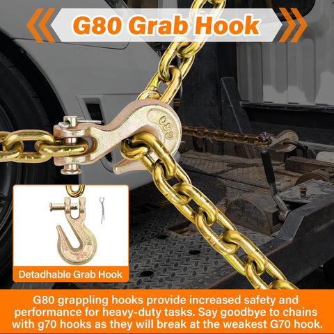 Two Pack G80 Trailer Safety Chain Set 5 Sixteenth Inch By 10 Foot With 5 Sixteenth Inch G80 Grab Hooks attached to truck