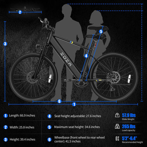 Powerful 1000W Peak Electric Bike For Adults, 26 Inch Ebike With 22 MPH Top Speed, dimensions and specifications chart
