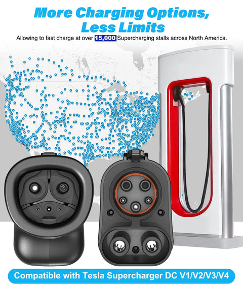 Rugged Nacs To Ccs1 Ev Charger Adapter For Hella Fast Dc Charging Plug And Play Up To Two Fifty Kilowatts showing connectors for Tesla Supercharger compatibility.