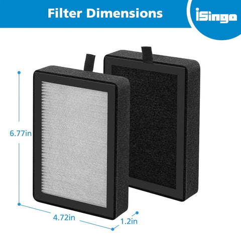 4 Pack LV H128 RF Replacement Filter Easy Swap For LV H128 Air Purifier showing dimensions 6.77x4.72x1.2 inches