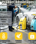 Multi Purpose Commercial Steam Cleaner 3000W, High Temp Steamer With 3.5L Tank And Adjustable Pressure, Includes 6 Pro Accessories For Fast Heating, Perfect For Cleaning Home Surfaces Cars And Ac Units in action at a car wash.