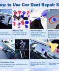 How to Use All In One 140 Piece Car Dent Removal Kit With T Bar Slide Hammer Bridge Puller Dent Lifter Suction Cups Glue Gun Tap Down Pen 100 Plus Puller Tabs For Easy DIY Dent Repair Of Dents Hail Damage And Door Dings.