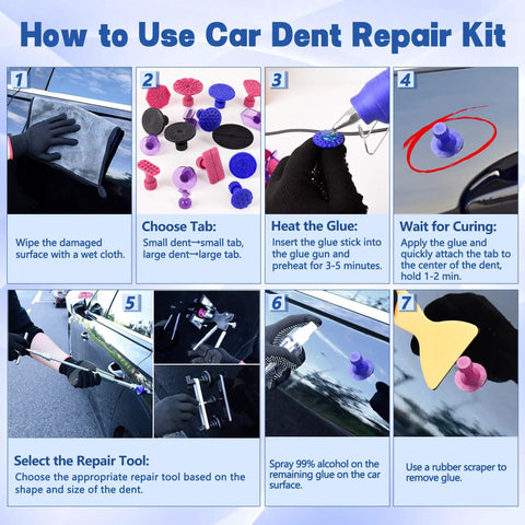 How to Use All In One 140 Piece Car Dent Removal Kit With T Bar Slide Hammer Bridge Puller Dent Lifter Suction Cups Glue Gun Tap Down Pen 100 Plus Puller Tabs For Easy DIY Dent Repair Of Dents Hail Damage And Door Dings.