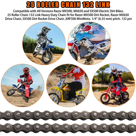 Collage of dirt bikes and 25 Roller Chain 132 Link Heavy Duty Drive Chain For Razor MX500 MX650 SX500 MiniMoto XRF500 Electric Dirt Bike.