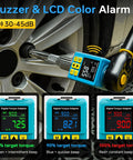 Half Inch Digital Torque Adapter With Color Display And Smart Alerts attached to a wrench on a car wheel bolt.