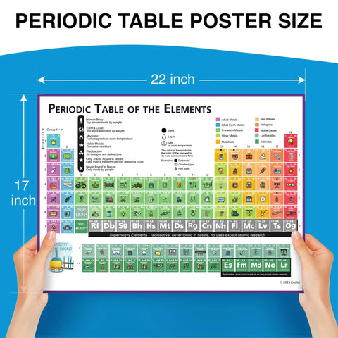 Hands holding Kid Friendly Periodic Table Poster Laminated 17x22 Inch Chemistry Element Chart With Tear Free Surface