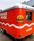Commercial Mobile Food Cart And Towable Vending Trailer For Street Sales Features Ready To Roll Hot Dog And Ice Cream Stand Loaded With Barbecue Gear For A Solid Side Gig, bright orange exterior with 'Burger House' sign.