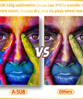 Comparison of A-SUB 120g sublimation paper with another brand, showcasing vibrant colors and high transfer efficiency.