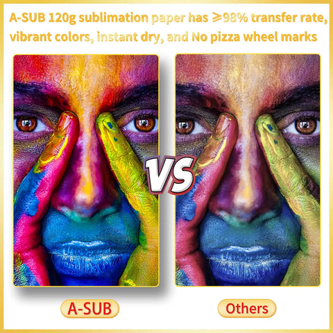 Comparison of A-SUB 120g sublimation paper with another brand, showcasing vibrant colors and high transfer efficiency.