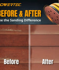 Before and after sanding with 40 Grit 5 Inch Sanding Discs Set 25 Pack Hook And Loop 8 Hole Aluminum Oxide Discs for orbital sander