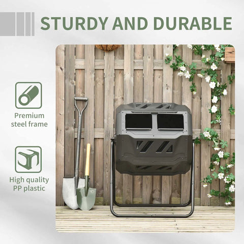 Dual Chamber 43 Gallon Rotating Compost Tumbler With 360 Degree Tumbling, shown in garden setting against wood fence.