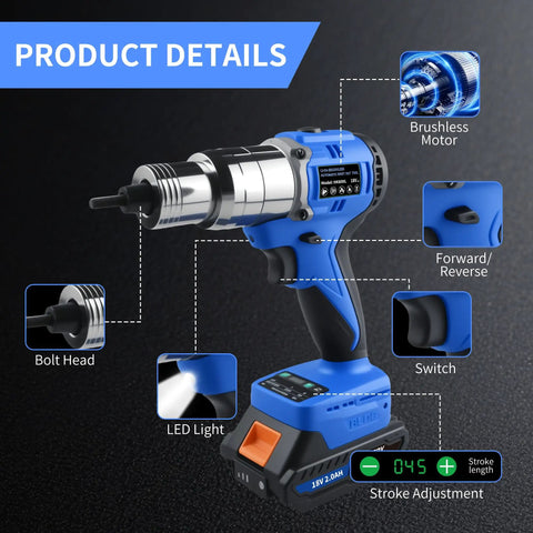 Fichfoye Cordless Rivet Nut Gun With Brushless Motor Provides 5000 Lbf Of Force For Fast Automated Riveting, features bolt head and LED light.