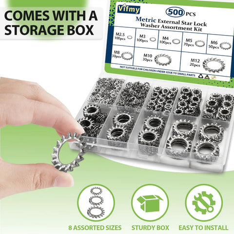 Hand holding an External Tooth Lock Washer Assortment Kit 8 Size 500 Pc M2.5 To M12 304 Stainless Steel Star Washers